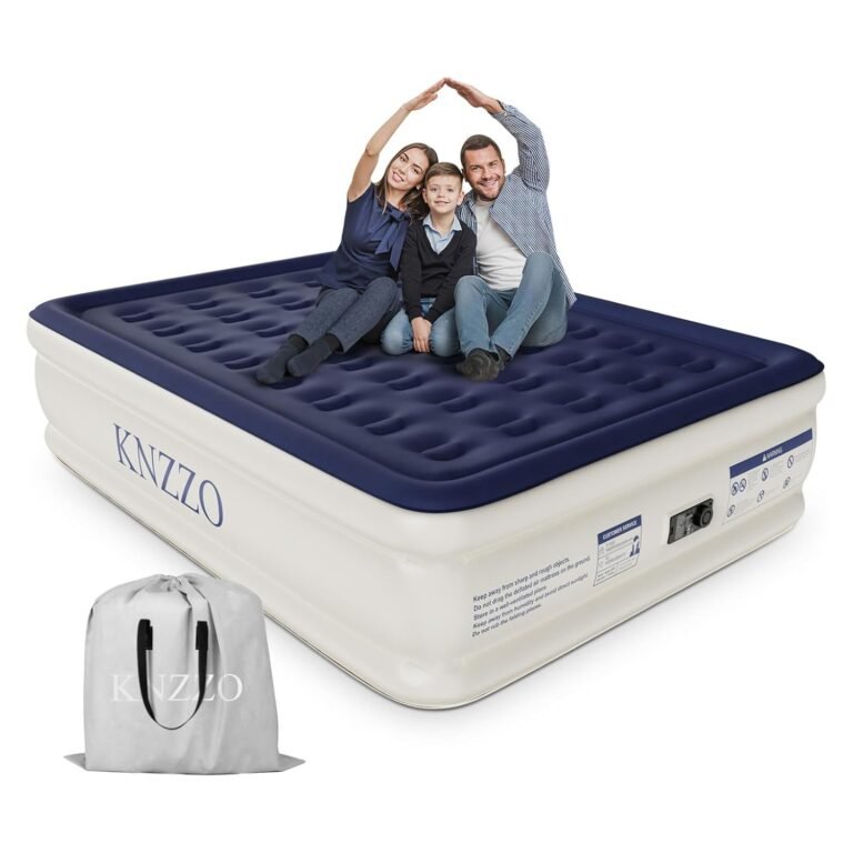 Navy blue and beige elevated queen inflatable air mattress with built-in pump shown with family sitting on top and gray storage bag