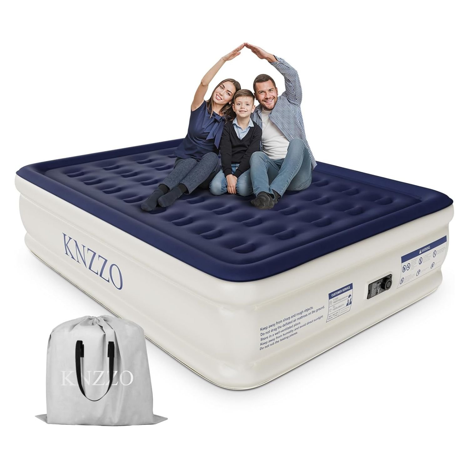 Best KNZZO Inflatable Air Mattress Review – Built-In Pump, Raised 18″ Waterproof Top 1 Navy blue and beige elevated queen inflatable air mattress with built-in pump shown with family sitting on top and gray storage bag