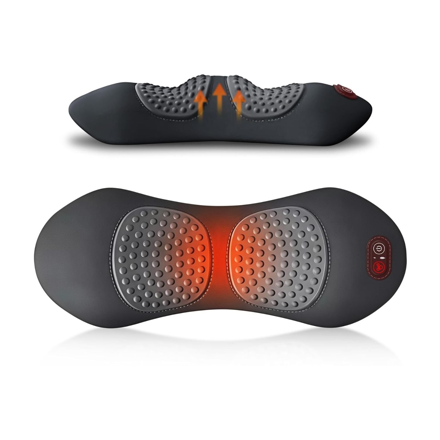 Upadate Lumbar Support Pillow Review – Ultimate 3-in-1 Electric Heated & Vibrating Back Relief 1 Upadate lumbar support pillow in black with dual massage nodes, heating function with orange glow, and control buttons for ergonomic back relief