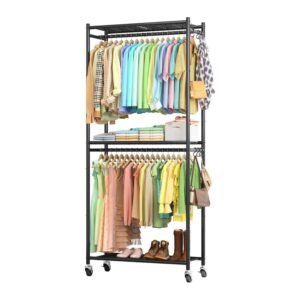 Sakugi clothing rack in black metal with double hanging rods, three mesh shelves, colorful organized clothes, and caster wheels for easy mobility