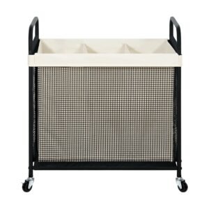 Black metal STO laundry sorter cart with cream canvas liner, three compartments, mesh panels, and caster wheels