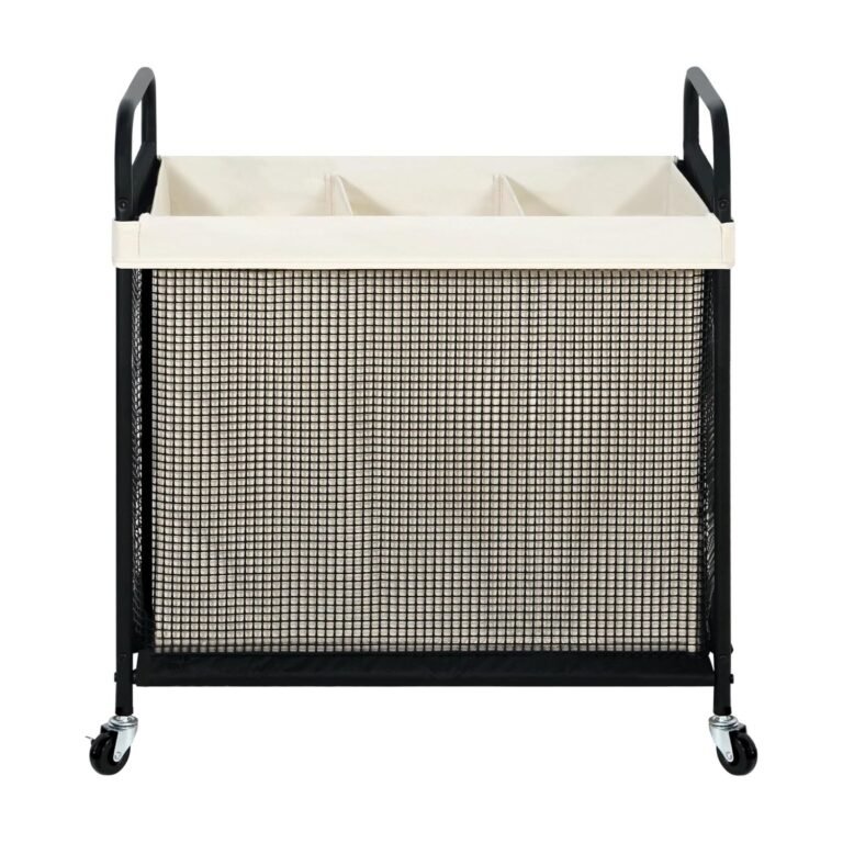 STO Laundry Sorter Cart Review – 3 Remarkably Convenient & Space-Saving Laundry Hamper Sections 1 Black metal STO laundry sorter cart with cream canvas liner, three compartments, mesh panels, and caster wheels