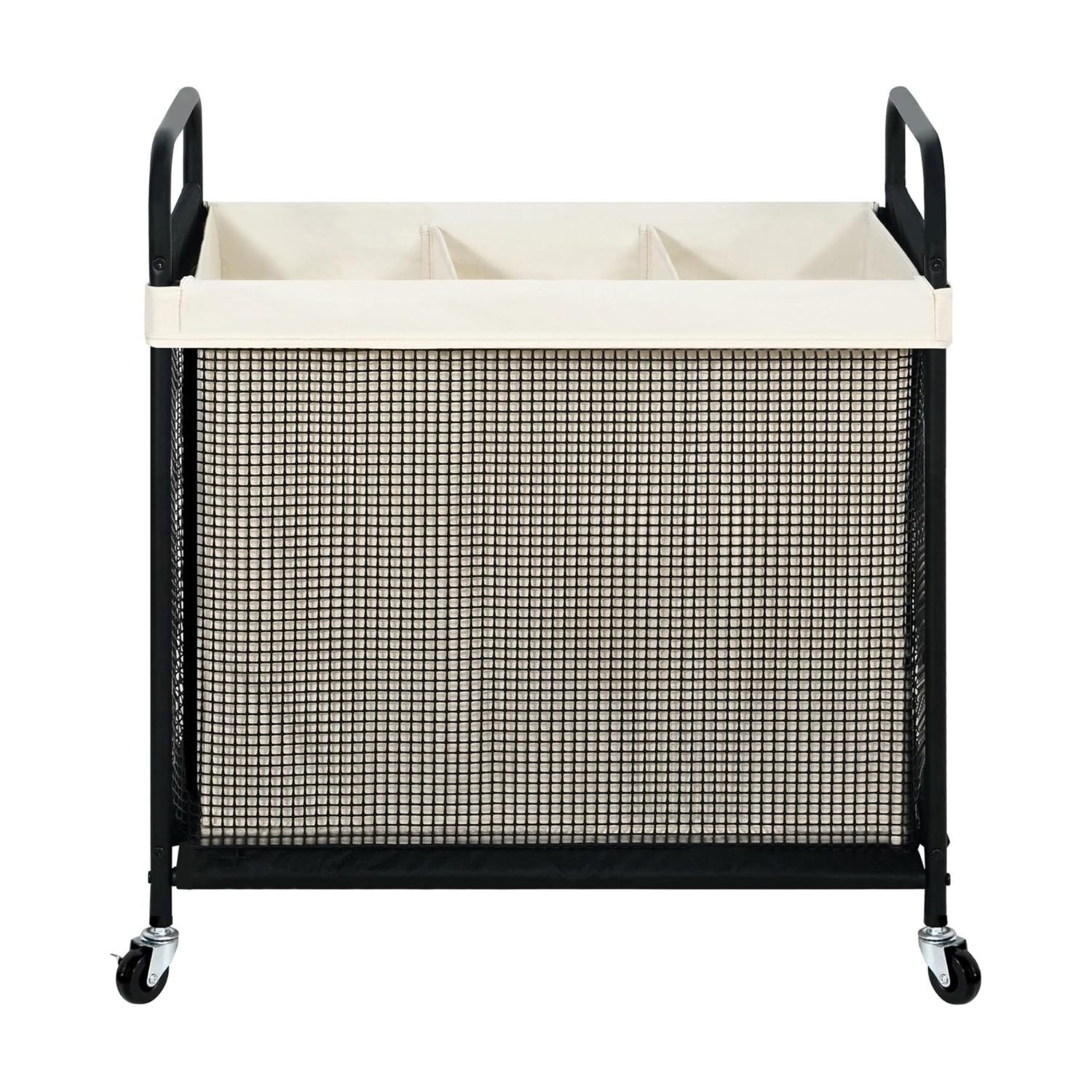 Black metal STO laundry sorter cart with cream canvas liner, three compartments, mesh panels, and caster wheels