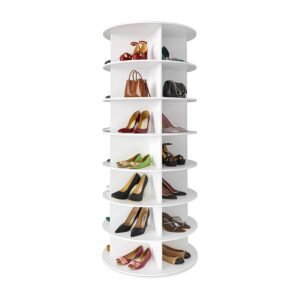 White seven-tier SpaceAid rotating shoe rack tower with center dividers displaying colorful designer shoes, heels, bags, and flats