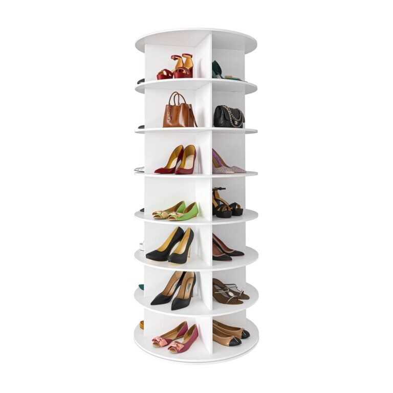 White seven-tier SpaceAid rotating shoe rack tower with center dividers displaying colorful designer shoes, heels, bags, and flats
