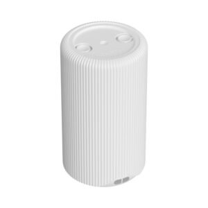 White cylindrical Pura Plus smart home diffuser with ribbed texture and smartphone showing app control interface with scheduling