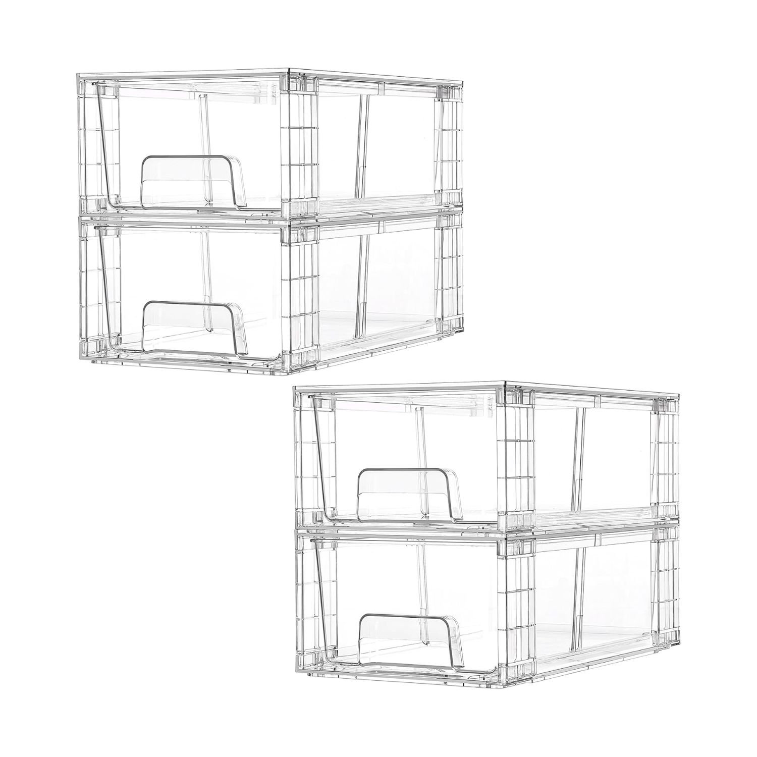 Under-Sink Organizer Review – 2-Piece Ultimate Stackable Storage for Neat Cabinets & Pantries 1 Under-sink organizer with two sets of clear stackable pull-out drawers, metal wire frame, and chrome handles for cabinets, pantries, and closets