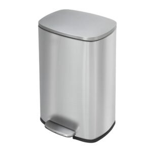 Brushed stainless steel rectangular home recycling bin with soft-close lid and step-on pedal on white background