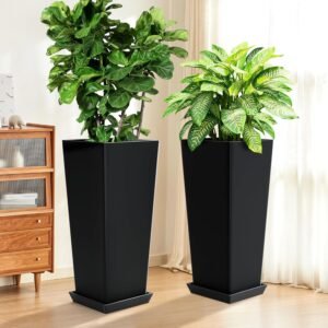 Two tall black matte TUYOHW tall planters with drainage trays flanking a white door with hydrangeas and displayed indoors with tropical plants