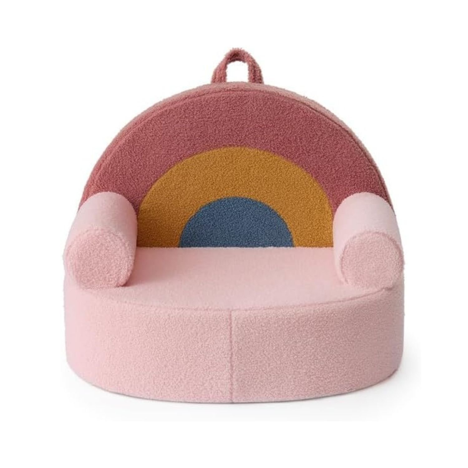 Soft pink plush Blissful Diary toddler armchair with colorful rainbow design featuring mauve, mustard, and teal arches on backrest