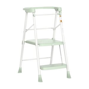 Mint green and white toddler kitchen learning tower with safety rail and two non-slip platforms for kitchen helpers