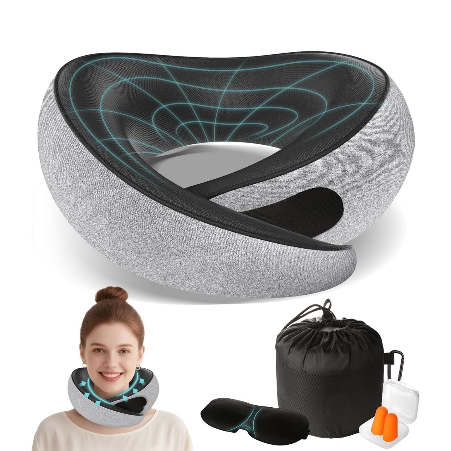 Gray ergonomic travel neck pillow with contoured memory foam design, shown with black carrying pouch, sleep mask, and earplugs