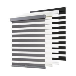 Collection of AOSKY cordless zebra blinds in grey, white, black, and beige with alternating sheer and solid stripes and aluminum valances