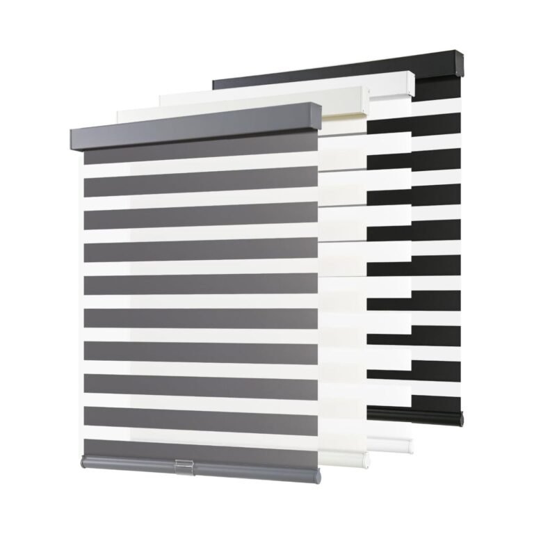 Collection of AOSKY cordless zebra blinds in grey, white, black, and beige with alternating sheer and solid stripes and aluminum valances
