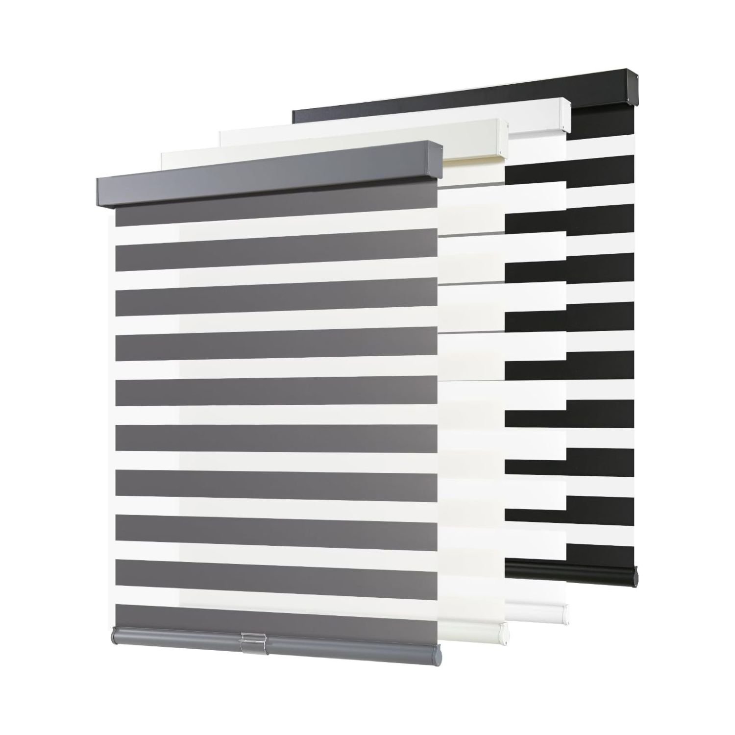 Collection of AOSKY cordless zebra blinds in grey, white, black, and beige with alternating sheer and solid stripes and aluminum valances