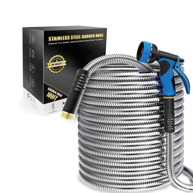 Lefree metal garden hose coiled stainless steel with blue 10-function spray nozzle, brass connector, and black packaging with gold seal
