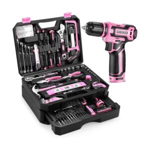 12V cordless drill tool kit in pink and black with organized case containing screwdrivers, wrenches, and accessories
