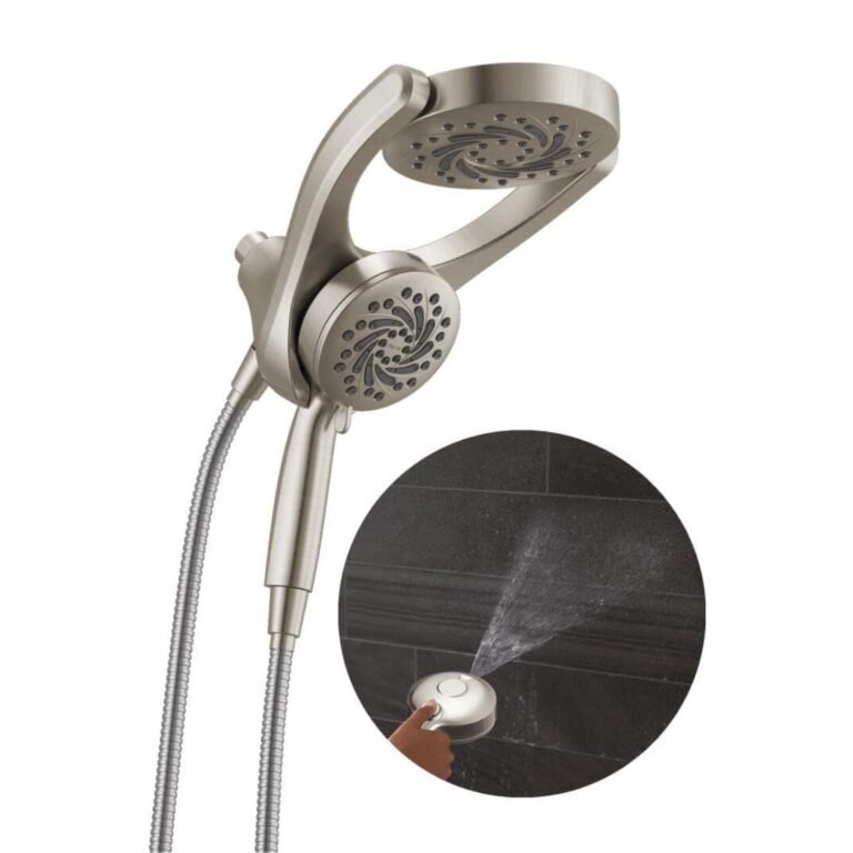 Amazing 2-in-1 Shower Head Review – Delta HydroRain Rain + Hand Spray with 5 Settings 1 2-in-1 shower head in brushed nickel with dual spray heads and detachable handheld sprayer