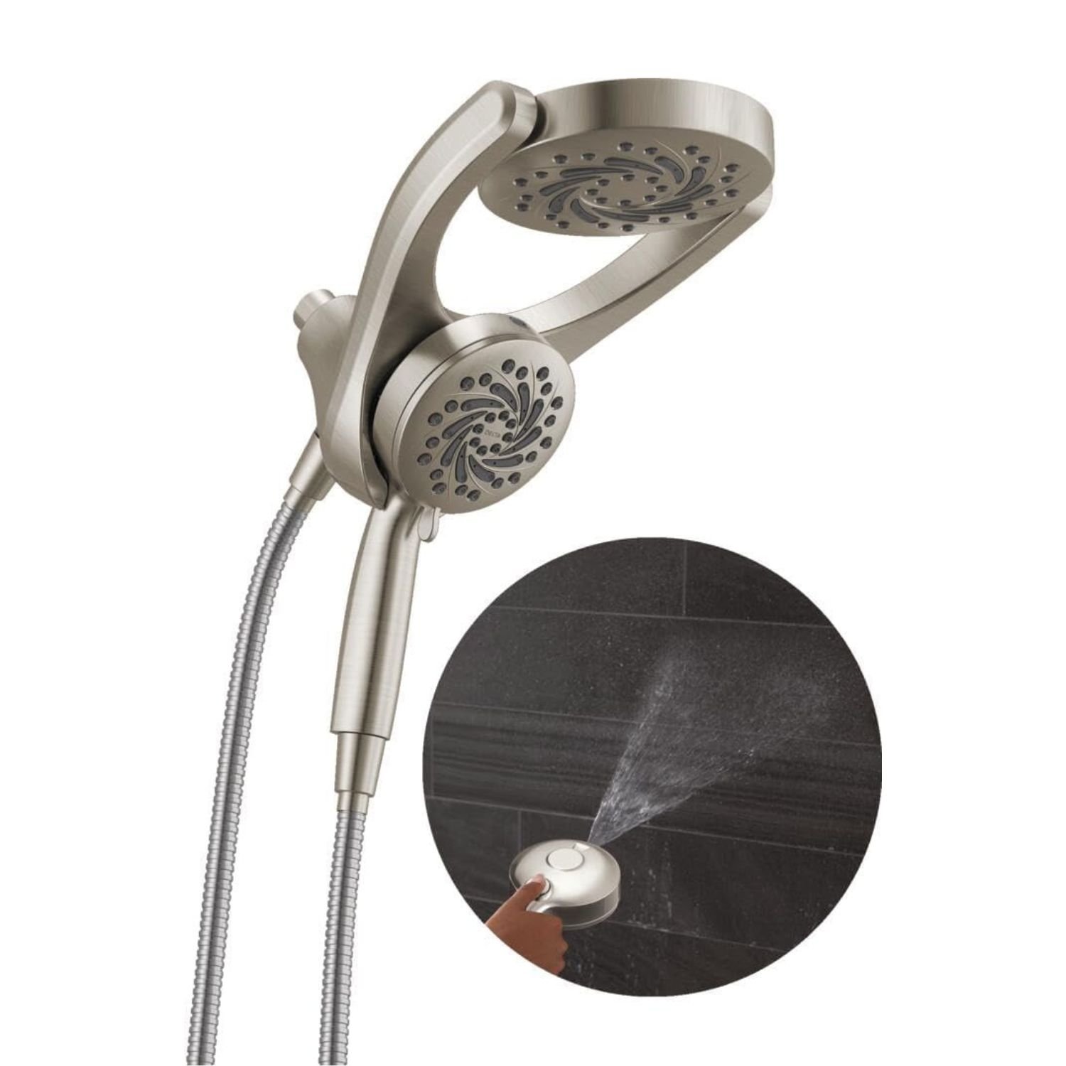 2-in-1 shower head in brushed nickel with dual spray heads and detachable handheld sprayer