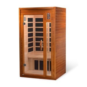 Dynamic Saunas Barcelona sauna for two people in Canadian hemlock wood with glass doors, carbon heating panels, bench seating, and digital controls