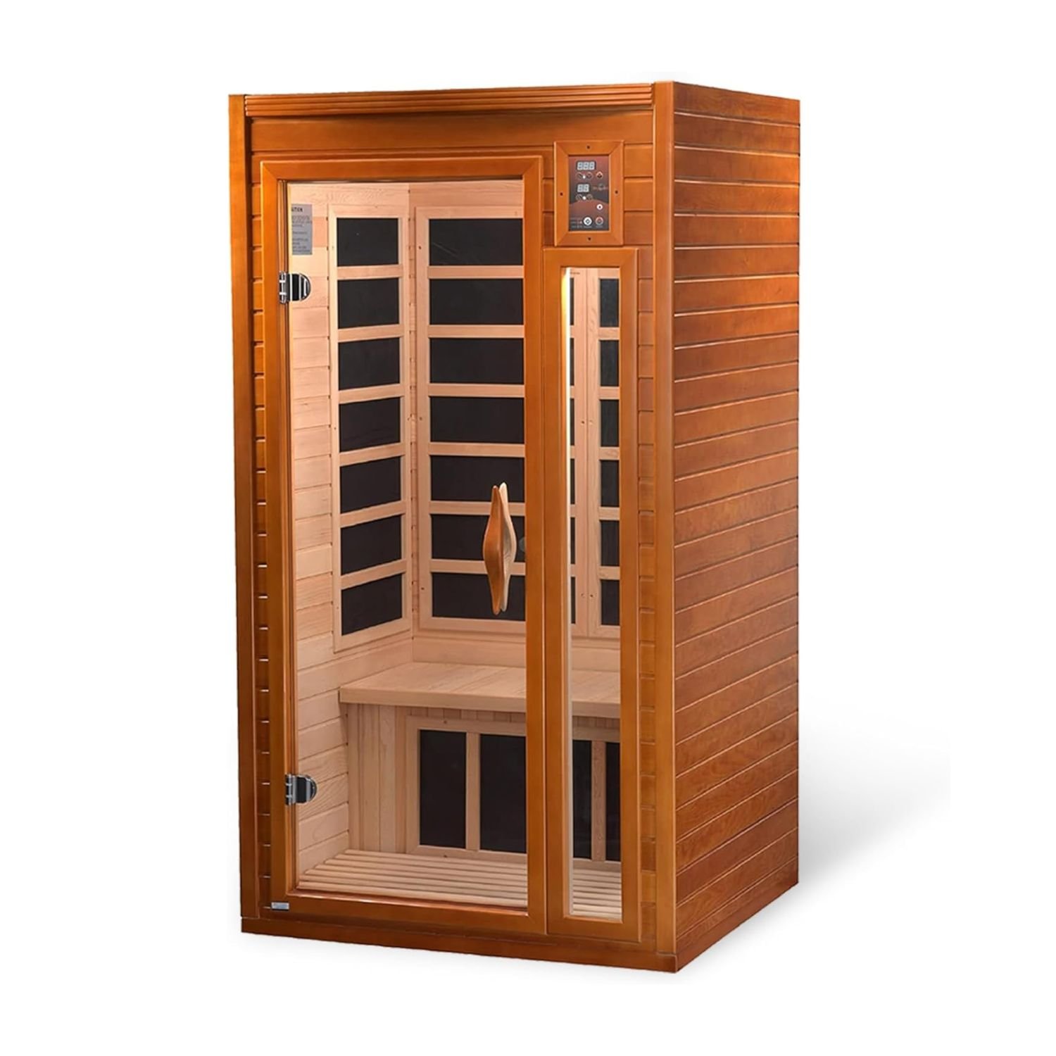 Dynamic Saunas Barcelona Sauna Review – Powerful 1–2 Person Infrared Home Sauna 1 Dynamic Saunas Barcelona sauna for two people in Canadian hemlock wood with glass doors, carbon heating panels, bench seating, and digital controls
