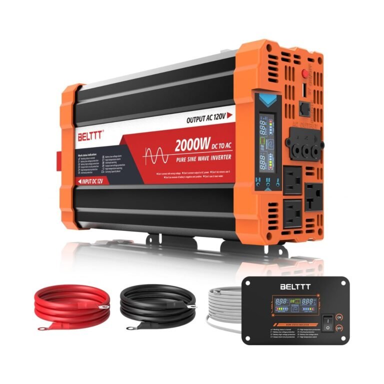 BELTTT pure sine wave inverter with digital display, AC outlets, battery cables, and remote control