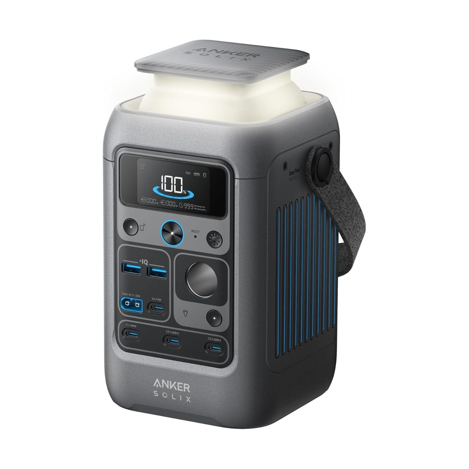 SOLIX C300 Portable Power Station in grey with retractable LED light, digital display, and multiple USB and AC charging ports
