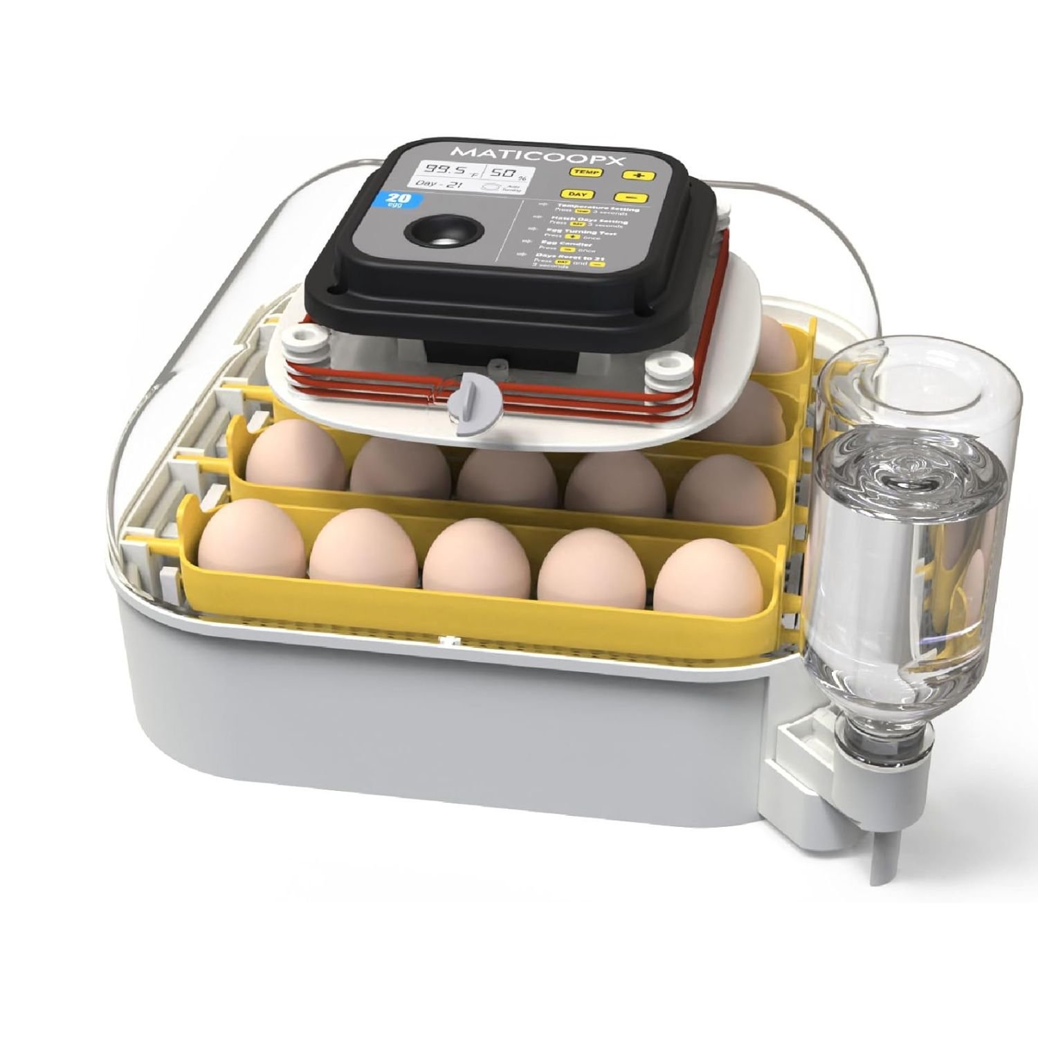 MATICOOPX Egg Incubator Review – 20-Egg Ultimate Reliable Automatic Egg Turner with Humidity Control 1 MATICOOPX egg incubator in white with digital display, yellow tray holding brown eggs, and external water bottle