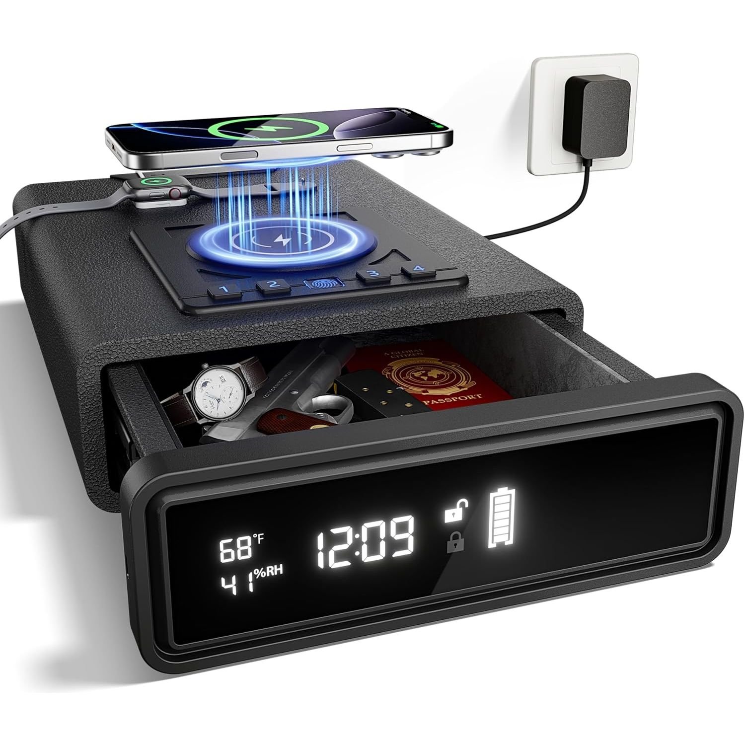 Black smart biometric safe with LED alarm clock display, wireless phone charging on top, and open drawer showing storage compartment