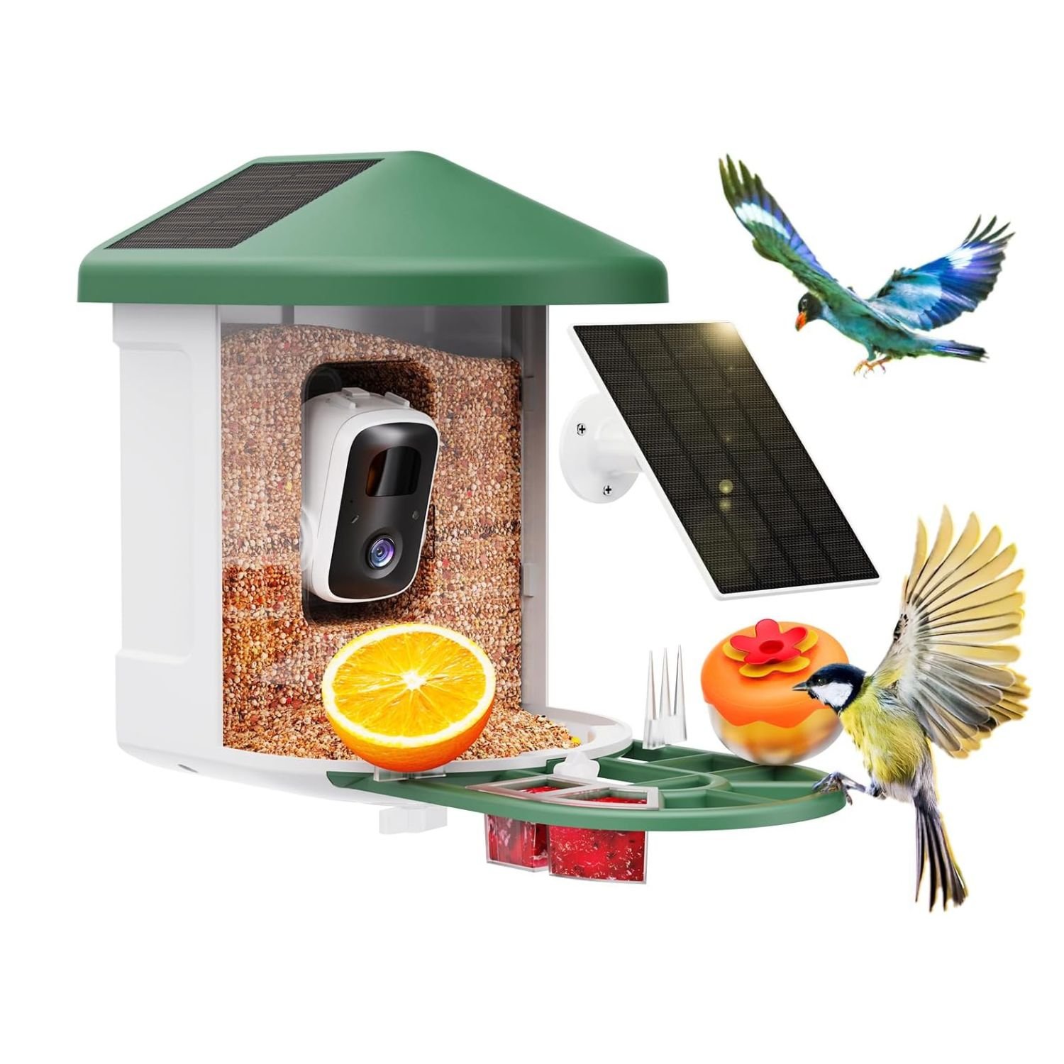HARYMOR Smart Bird Feeder Review – Ultimate 2K Camera with AI Bird Identification 1 HARYMOR smart bird feeder in white with green roof, HD camera, solar panel, seed hopper, and colorful birds visiting