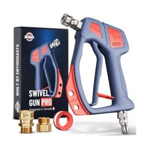 McKillans Swivel Gun Pro in navy blue and coral red with swivel connector, chrome couplings, and brass adapters for professional car washing
