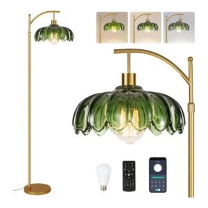 Dimmable floor lamp with green glass lotus shade, gold brass finish, remote control and smart bulb