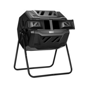 VIVOSUN tumbling composter in black with dual chambers, rotating design, angular ventilation slots, and tubular steel stand