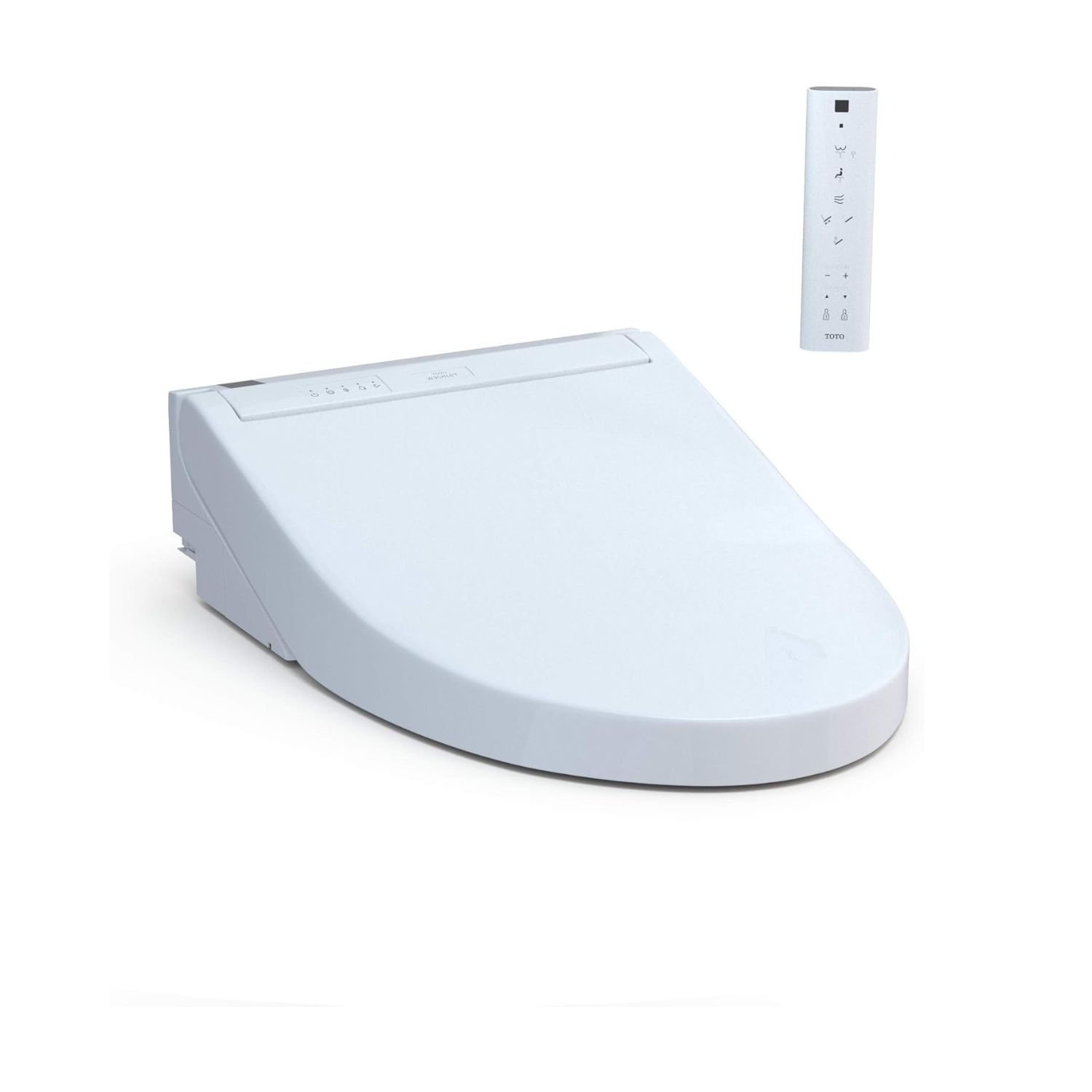 Electronic bidet seat by TOTO in white with wireless remote control and integrated control panel