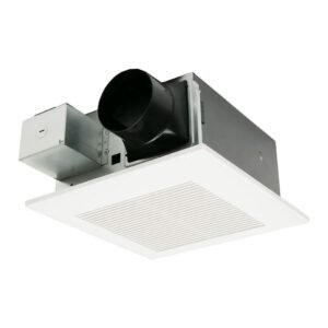 Energy-efficient bathroom fan with white grille and ceiling mount installation for ventilation