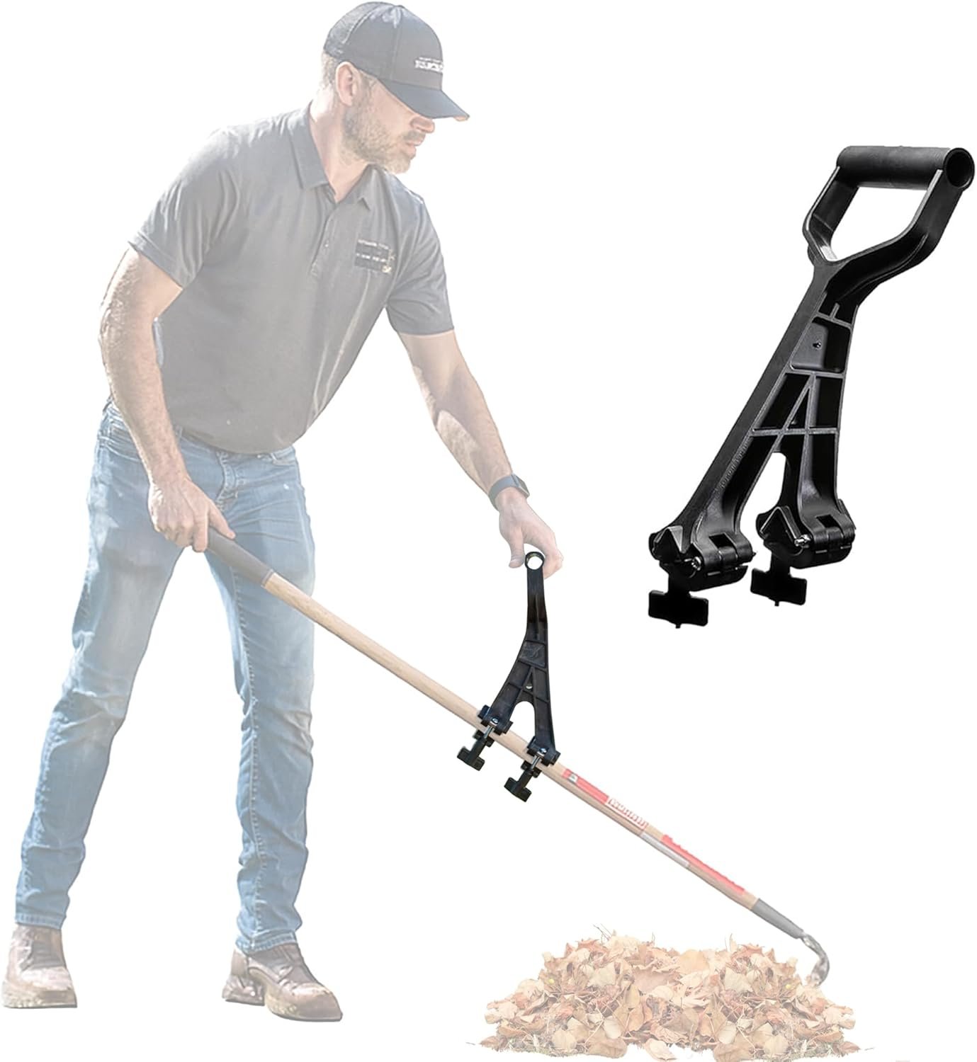 Reach Right extension handle in black with D-grip and adjustable clamp, attached to rake, worker raking leaves in upright posture