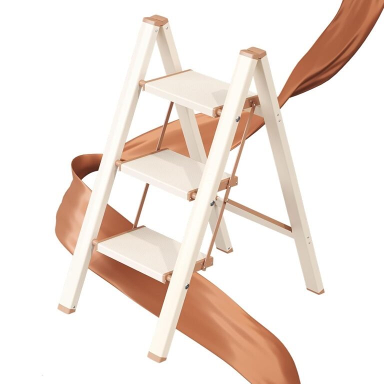 Durable GameGem 3-Step Folding Step Ladder Review – Lightweight Aluminum with Safe Non-Slip Treads 4 Folding step ladder in white with 3 non-slip steps and compact A-frame design
