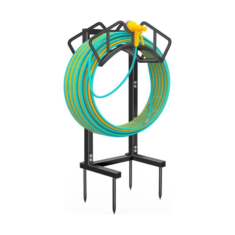 Ultimate Qatsrin Garden Hose Holder – Sturdy & Holds Up to 160 ft Hose 5 Qatsrin Garden Hose Holder stand in black metal with turquoise striped hose and spike base for outdoor yard organization