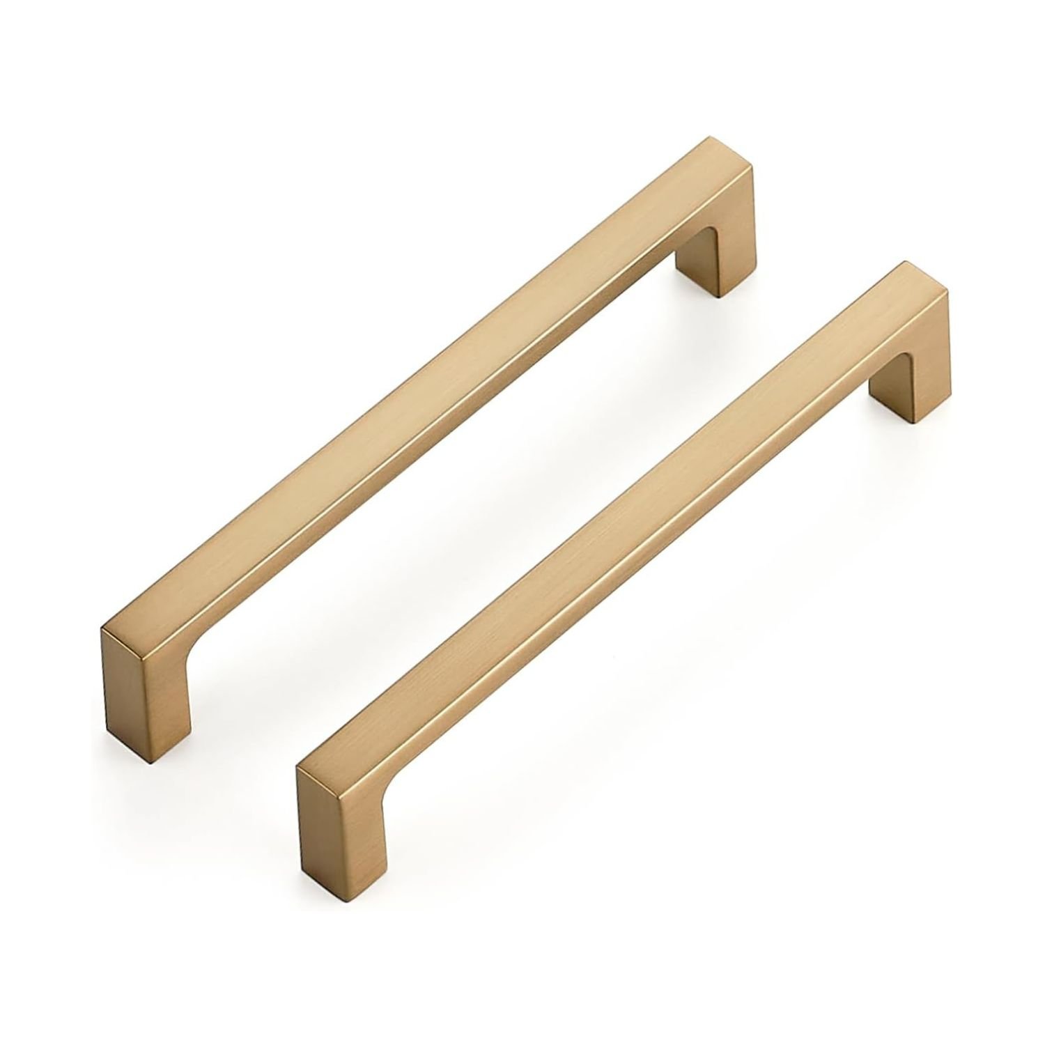Two brushed champagne bronze cabinet pulls, square bar handles with modern minimalist design on white background
