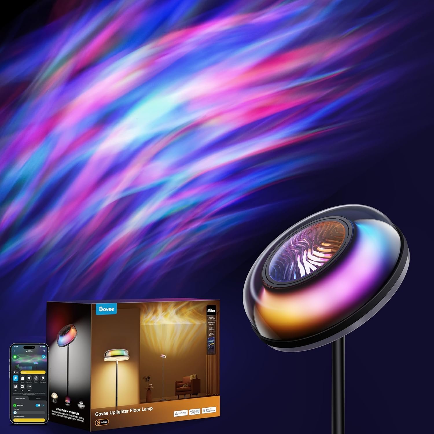 Vibrant Govee Uplighter Floor Lamp Review – 3-Zone RGBIC + Water Ripple Projector 1 Govee Uplighter Floor Lamp with RGB lighting effects and smartphone app control display