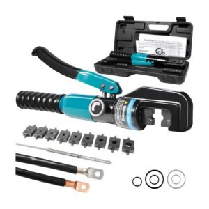 Hydraulic crimping tool in blue and black with multiple dies, carrying case and cable accessories