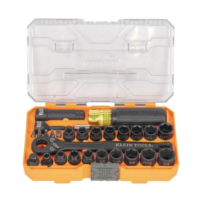 Impact socket set by Klein Tools with ratchet wrench, driver bits and sockets in orange storage case
