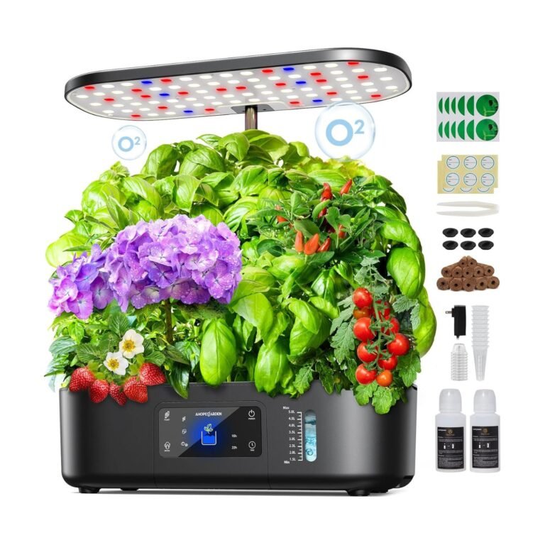 Amazing Ahopegarden Hydroponic System – 12-Pod Smart Indoor Garden & 17″ Adjustable Height 4 Ahopegarden Hydroponic System with LED grow light cultivating fresh herbs and cherry tomatoes on wooden countertop