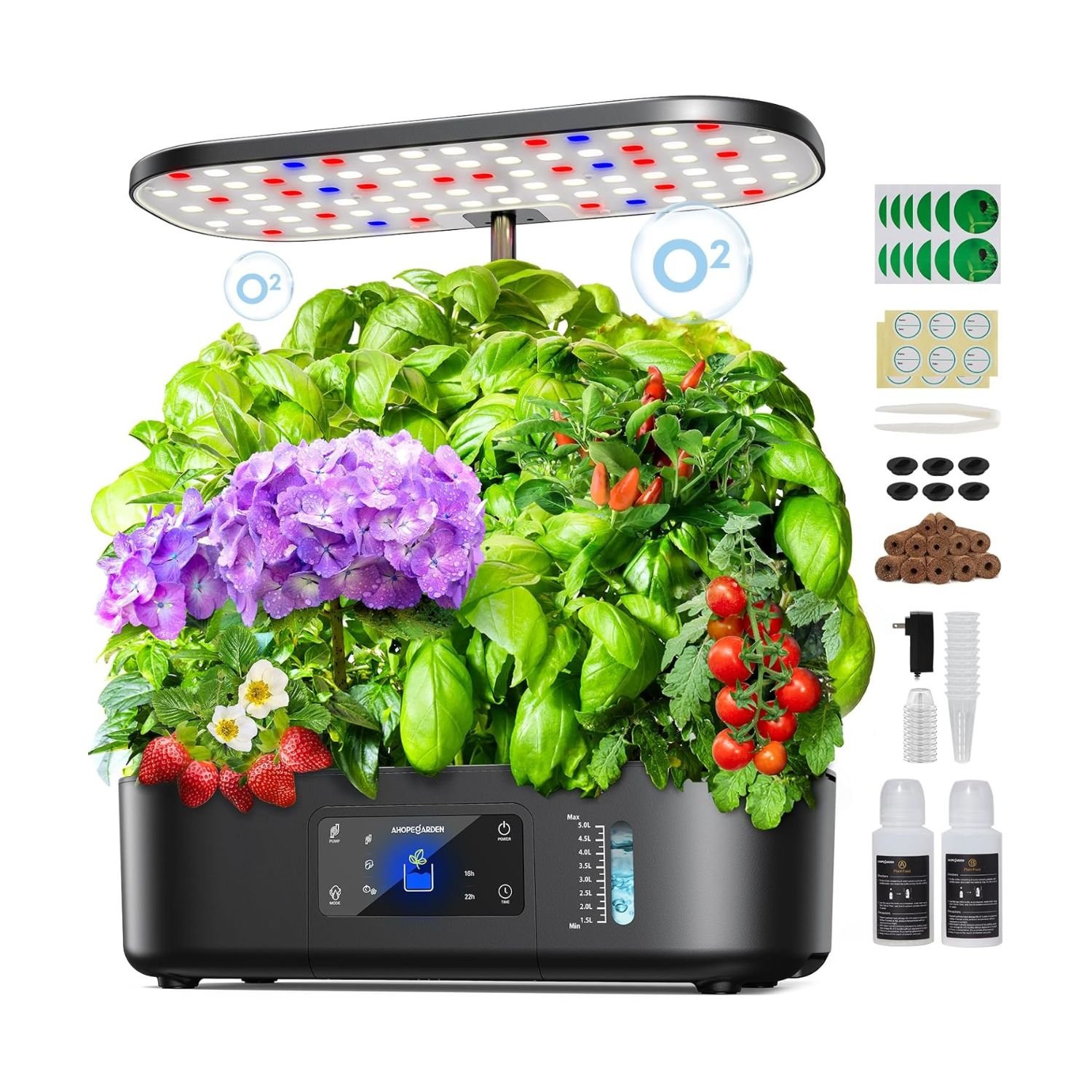 Amazing Ahopegarden Hydroponic System – 12-Pod Smart Indoor Garden & 17″ Adjustable Height 1 Ahopegarden Hydroponic System with LED grow light cultivating fresh herbs and cherry tomatoes on wooden countertop