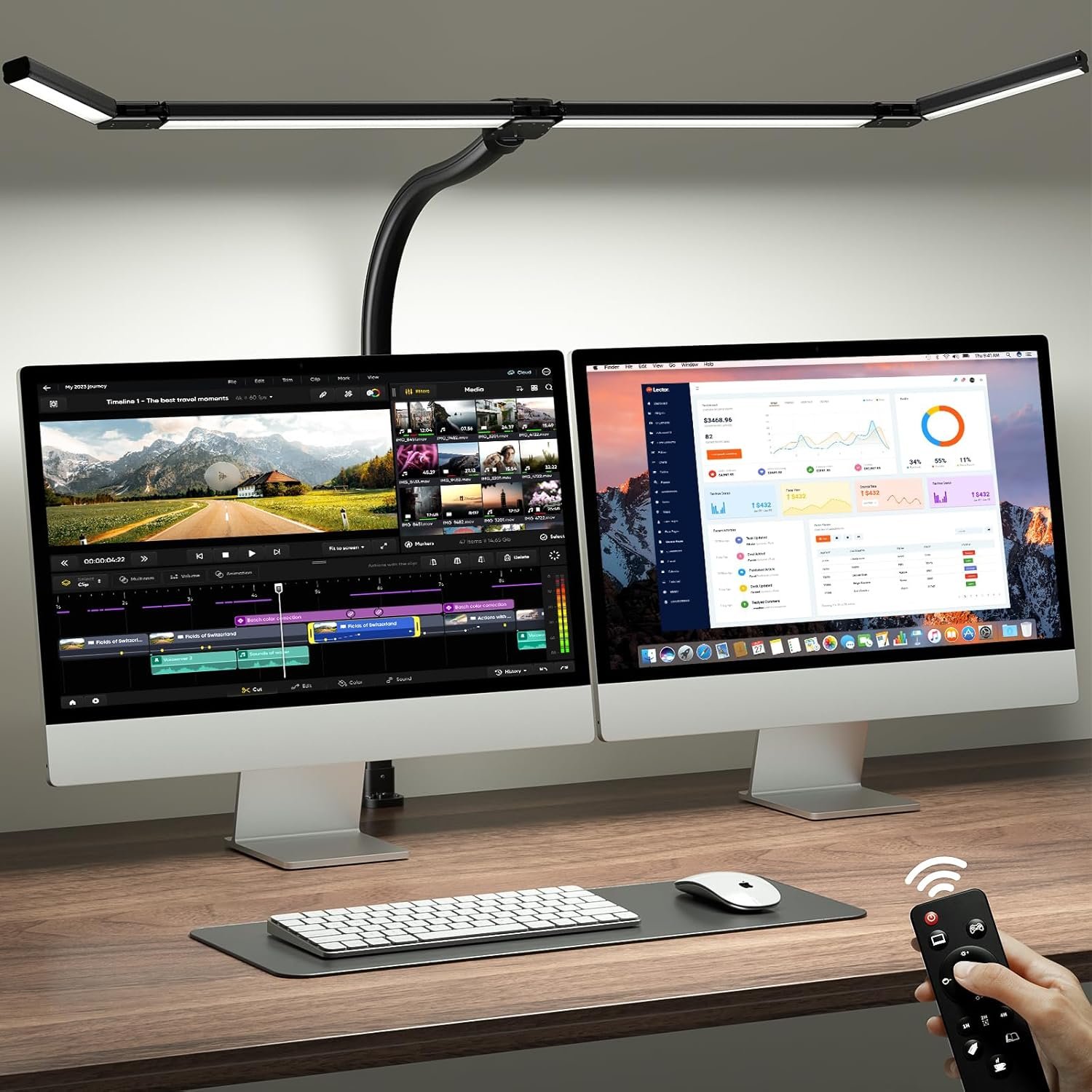 LED desk lamp with adjustable black arm illuminating dual monitor workspace setup with remote control