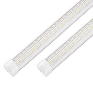 Two white 4FT LED Shop Light 50W 7000LM V-shaped lights with dual rows of bright daylight LED chips on white background