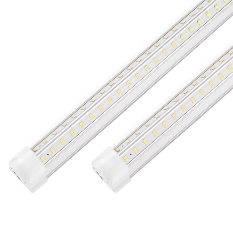 Product Reviews 4 Two white 4FT LED Shop Light 50W 7000LM V-shaped lights with dual rows of bright daylight LED chips on white background