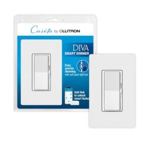White Lutron Diva Smart Dimmer with vertical slider shown with retail packaging on white background