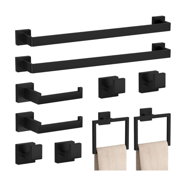 Product Reviews 8 Complete 10-piece matte black bathroom hardware set with towel bars, hooks, rings, and toilet paper holders on white background