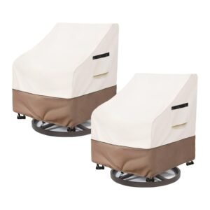 Cream and tan SoloToo patio chair covers protecting outdoor furniture on a modern stone patio, waterproof and durable